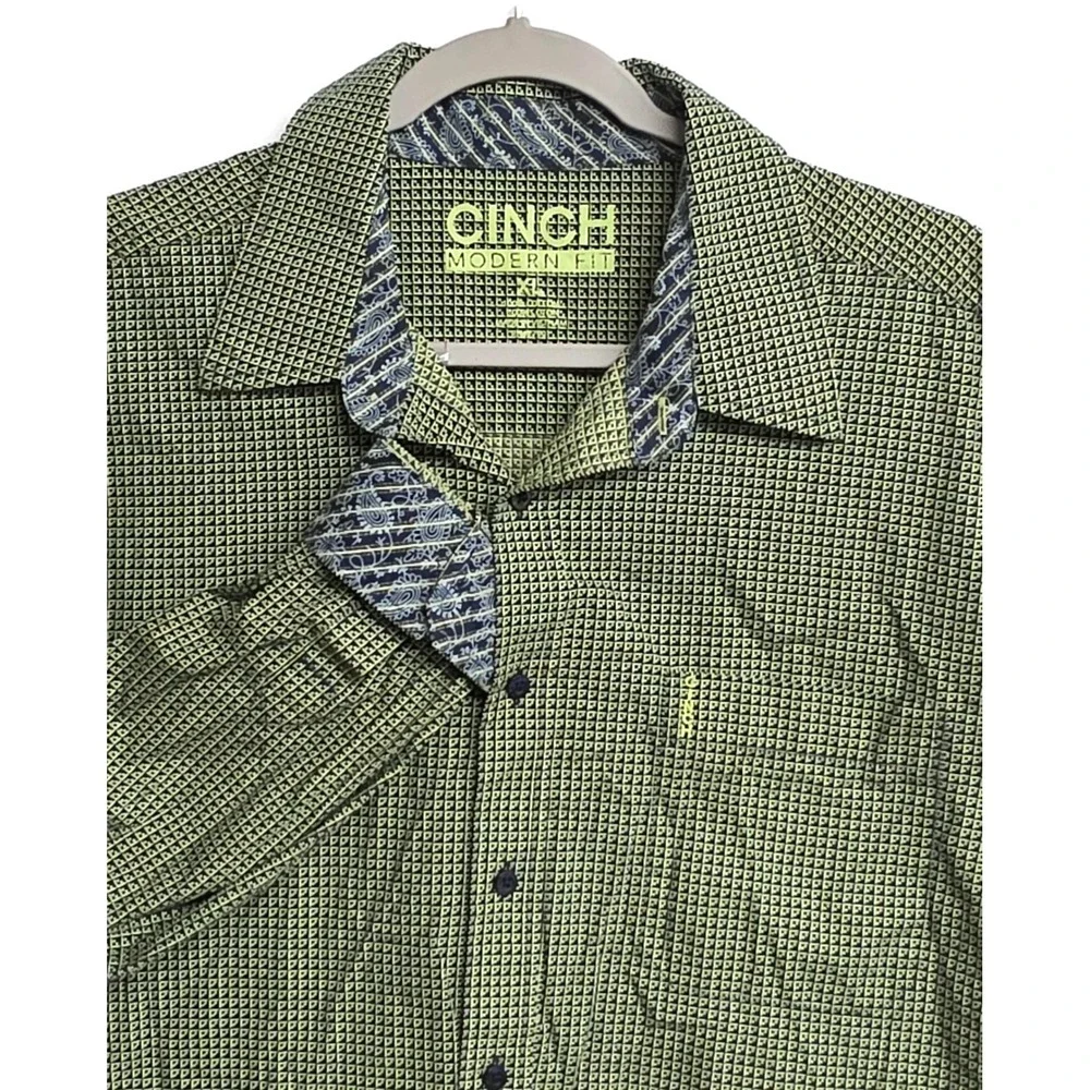 Cinch Modern Fit Mens XL Green Geometric Print Button Down Shirt Long Sleeve
